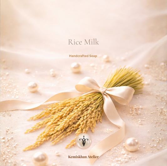 Handmade rice milk soap bar by Kemiskhan Atelier UAE — brightening natural skincare inspired by Korean and Japanese tradition