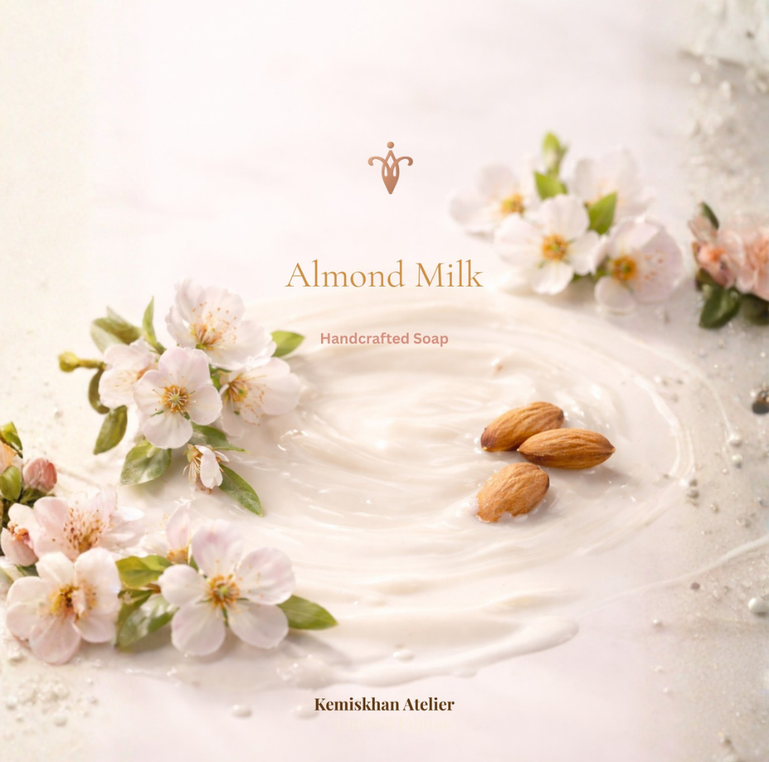 Handmade almond milk soap bar by Kemiskhan Atelier UAE — caramel-scented natural skincare made with fresh almond milk