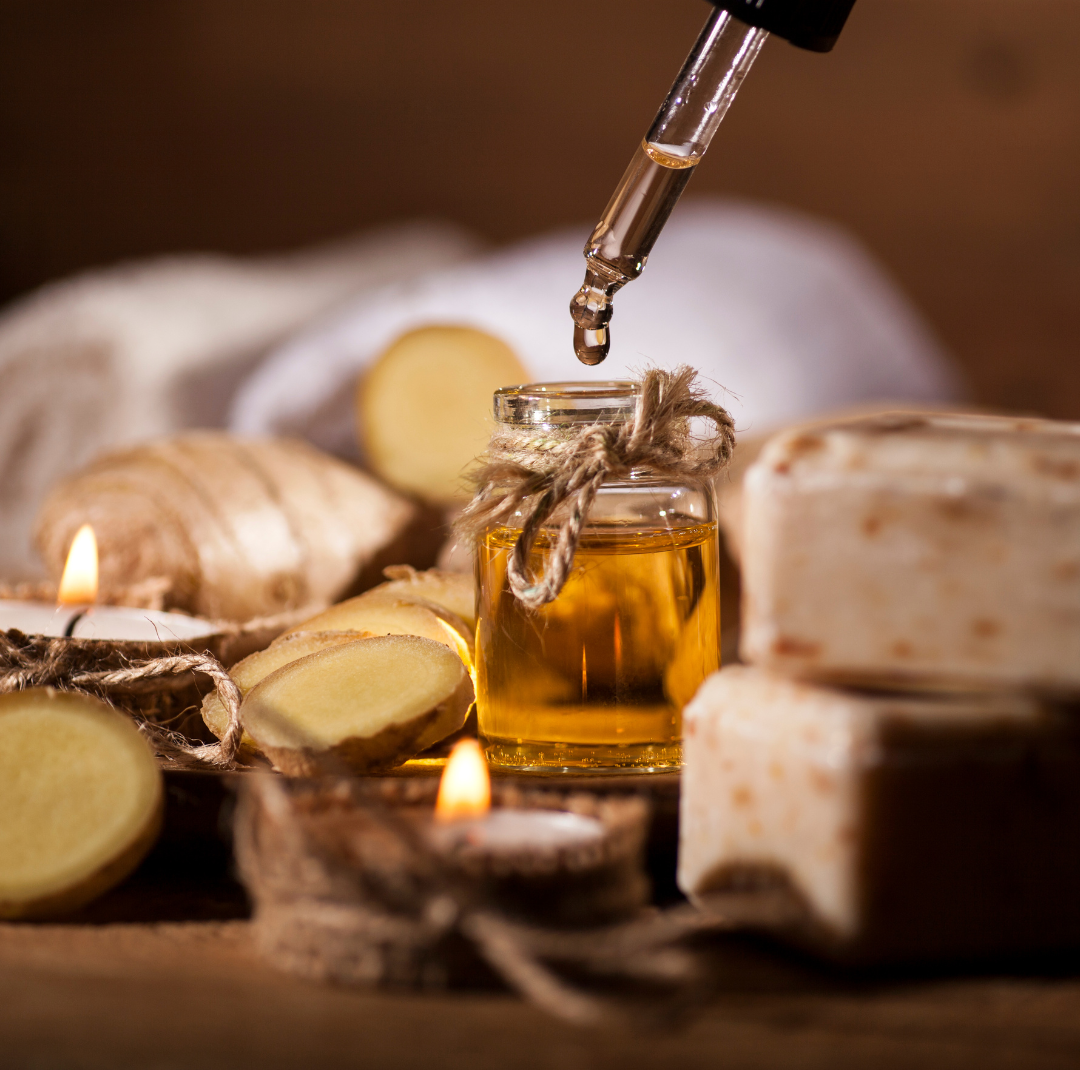 Fresh ginger, essential oil and soap