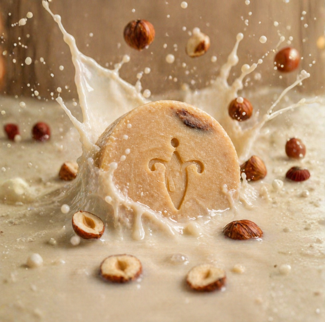 Handcrafted soap in hazelnut milk splashes 