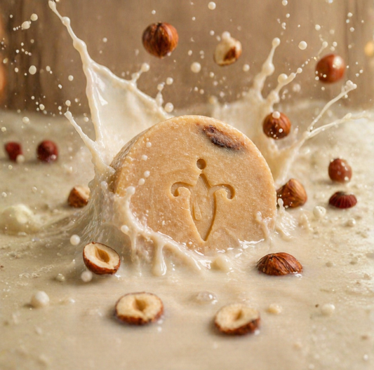 Handcrafted soap in hazelnut milk splashes 