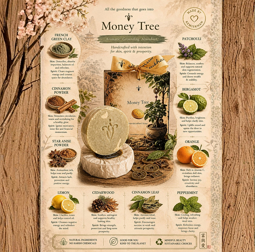 Money Tree handmade natural soap infographic showing ingredients and spiritual symbolism – Kemiskhan Atelier Dubai