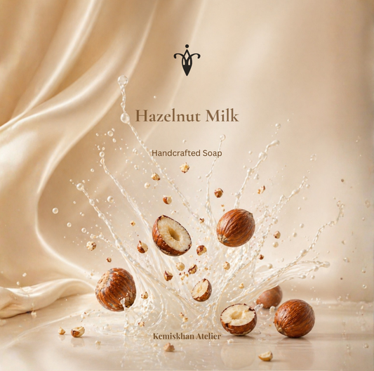 Handmade hazelnut milk soap bar by Kemiskhan Atelier UAE — silky natural skincare made with fresh hazelnut milk