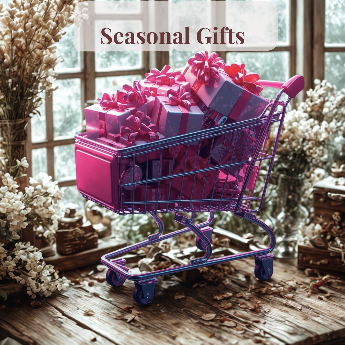 Shopping cart filled with gifts, standing on the wooden table next to the window, decorated in field flowers.