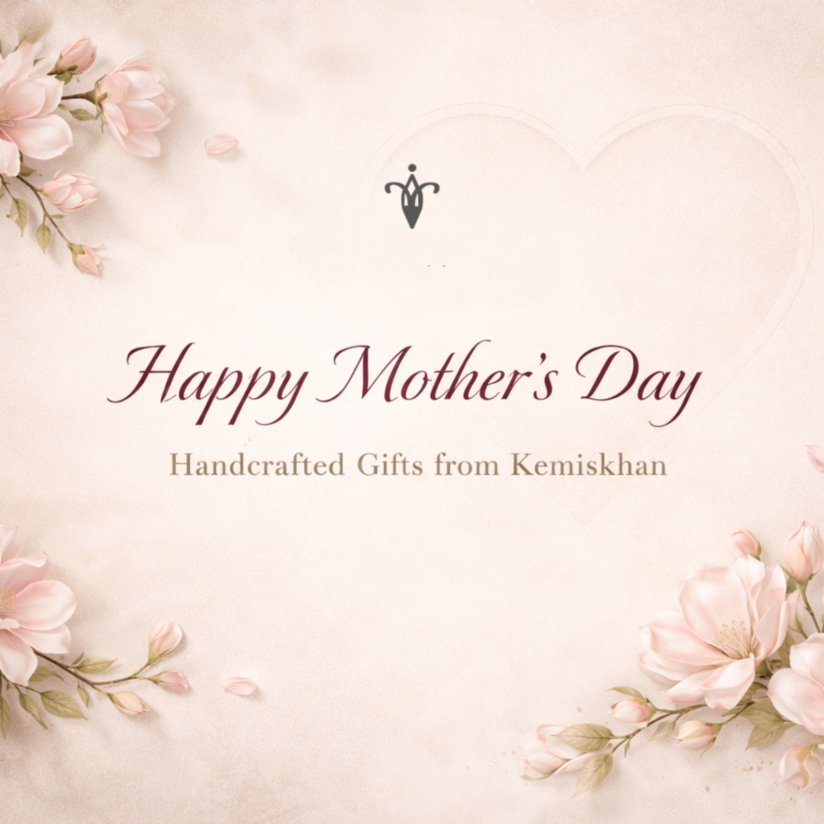 Bright background with pink Magnolia flowers with a text Happy Mothers Day, Handcrafted Gifts from Kemiskhan