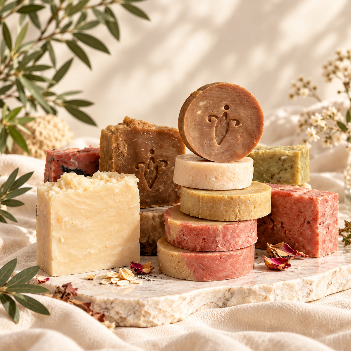 Round and Square shape soaps on display, surrounded by herbs.