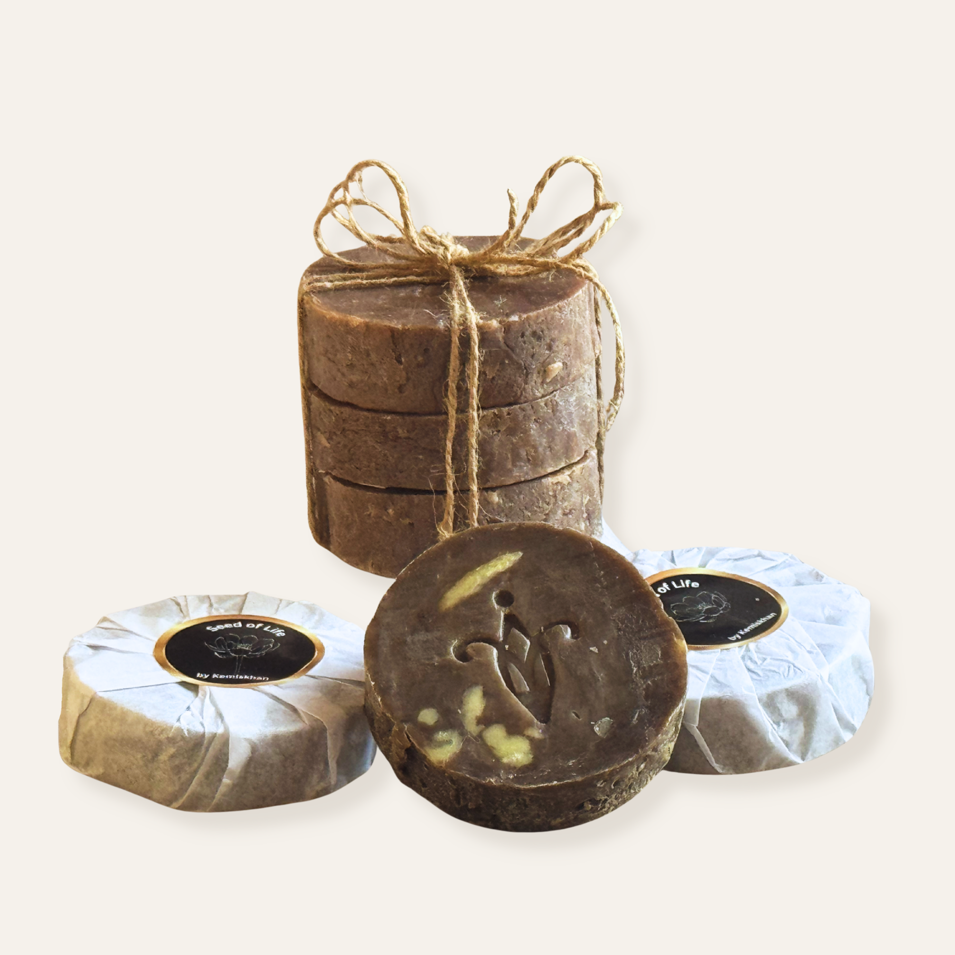Natural round soap in brown color. Set of 3 Soaps. Birch tar