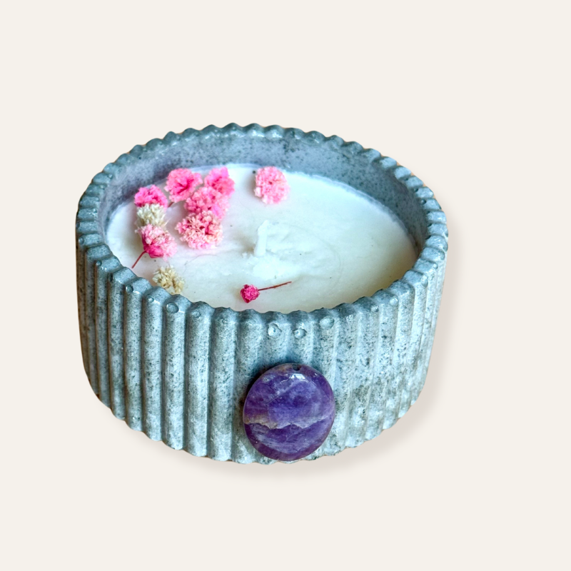 Sakura Scent Candle Wax in Concrete Jar with Semiprecious Stone