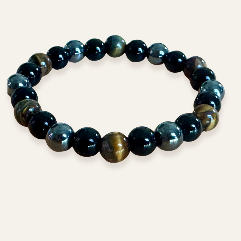 Beaded bracelet with black and brown tiger eye stones 