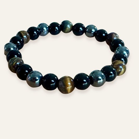 Beaded bracelet with black and brown tiger eye stones 