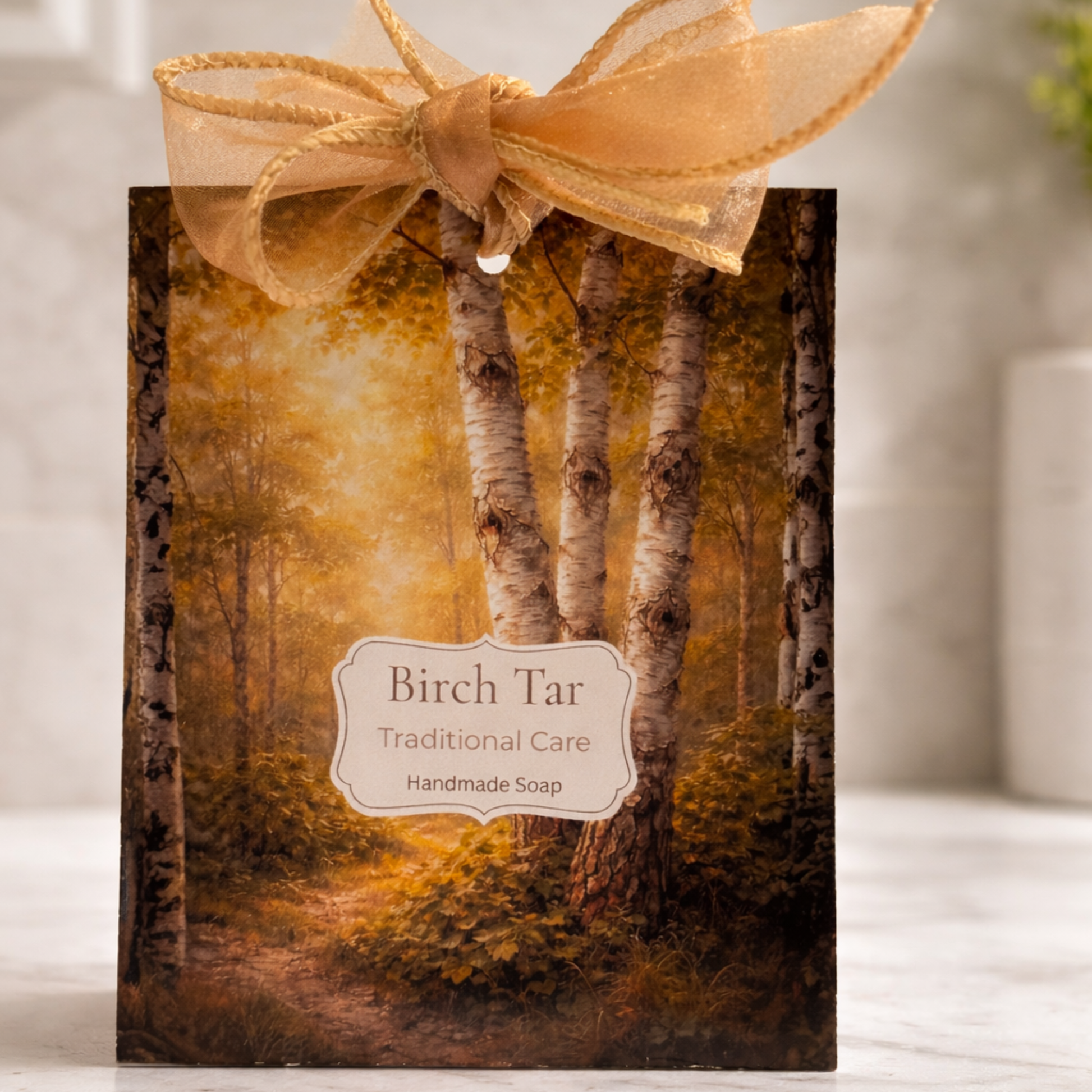 Soap packaging with birch tree design and 'Birch Tar' label on a neutral background