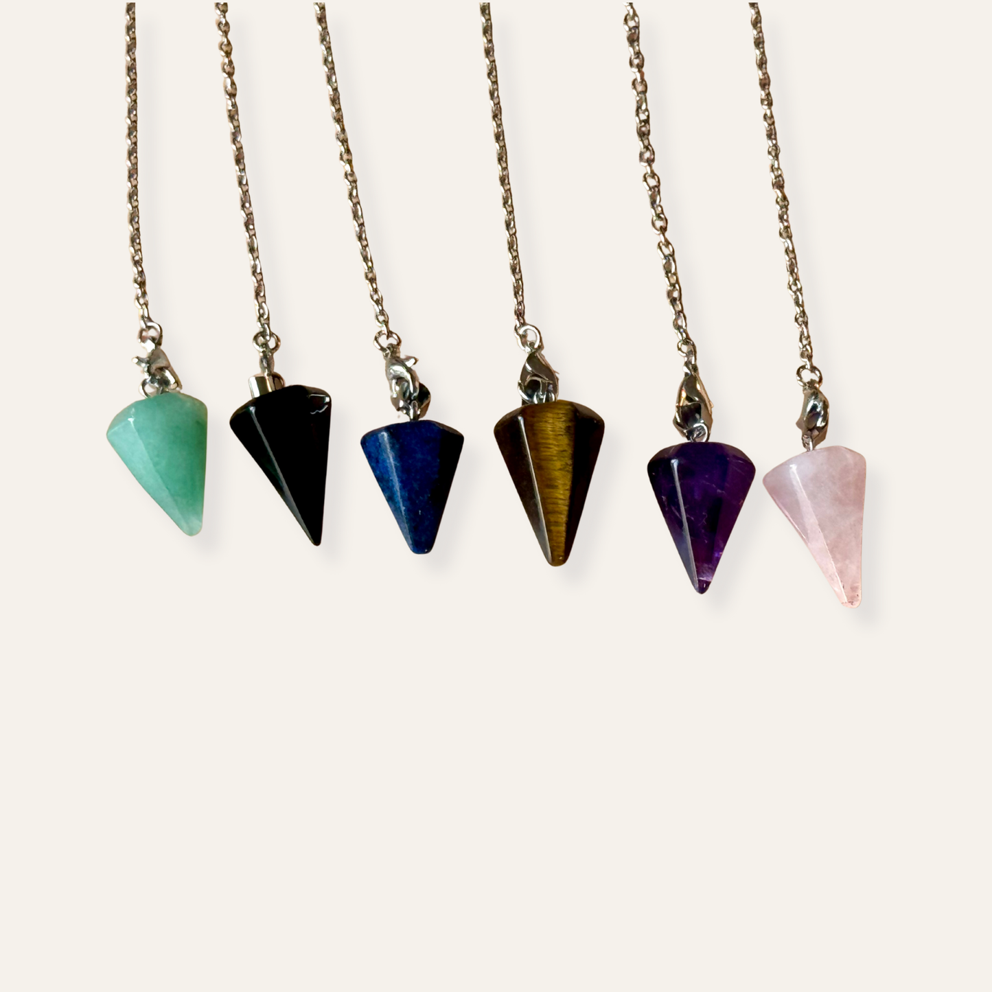 Set of six crystal pendant - pendulum with a chains. Jade, Onyx, Lapis lazuli, Tiger eye, Amethyst, Rose Quartz